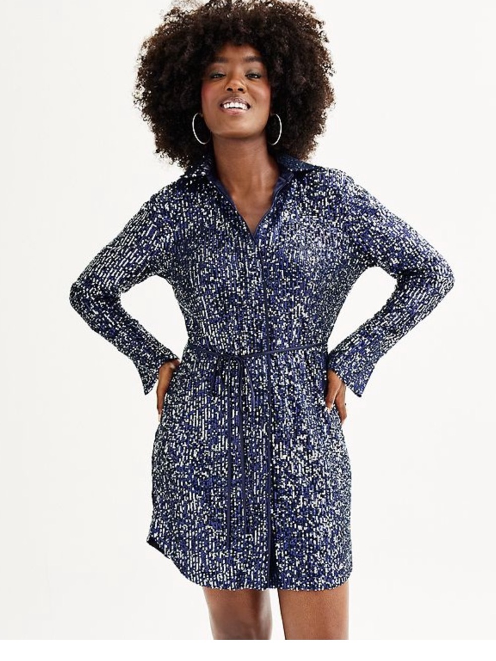 Intempo Sequin Navy Shirt Dress with Tie Waist festival party blue NWT button up